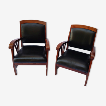 pair of armchairs colonial style wood and goat leather