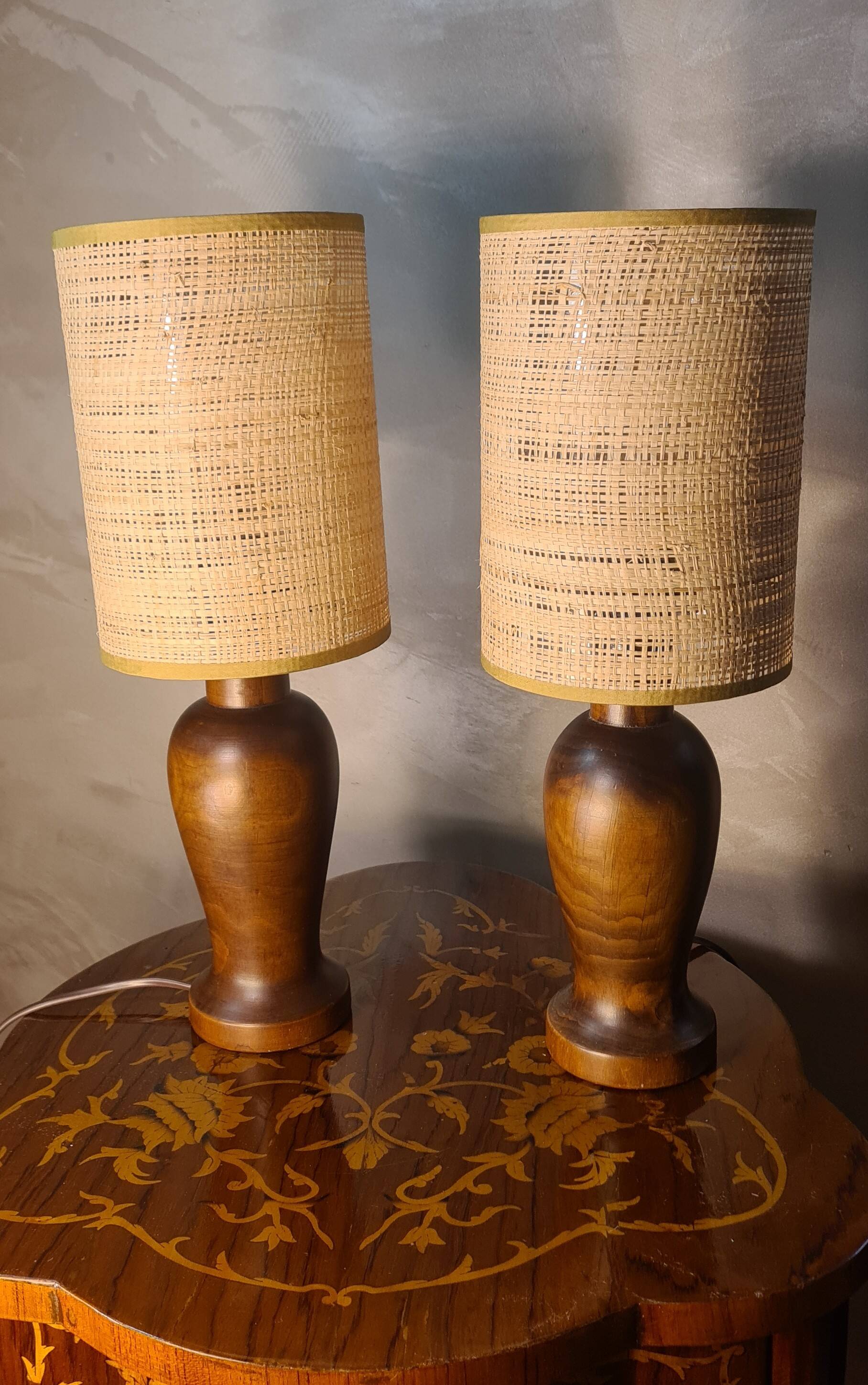 pair of Scandinavian wooden lamps with straw lampshade 41x15