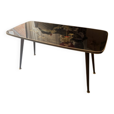 Table basse japonisante Formica et laiton, verre années 50/60 chinoise