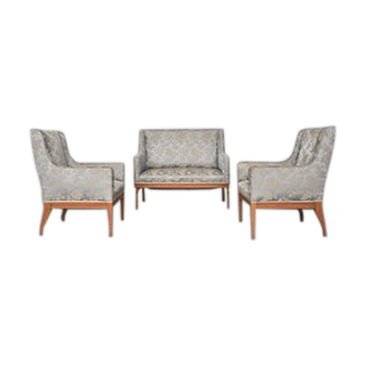 Canapés et fauteuils en frêne avec rembourrage en soie d’origine, années 1930, Set de 3