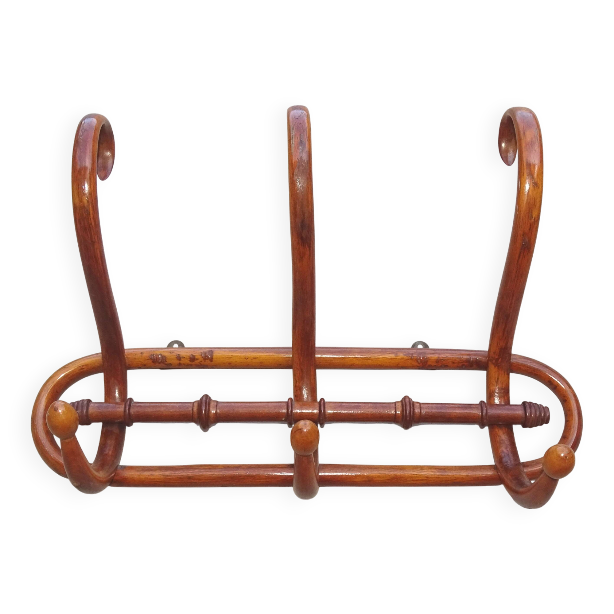 Curved wood wall coat rack bistro KOHN, around 1900, no Thonet