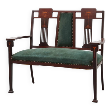 Art Nouveau Walnut Settee with Floral Marquetry, Belgium, ca. 1900