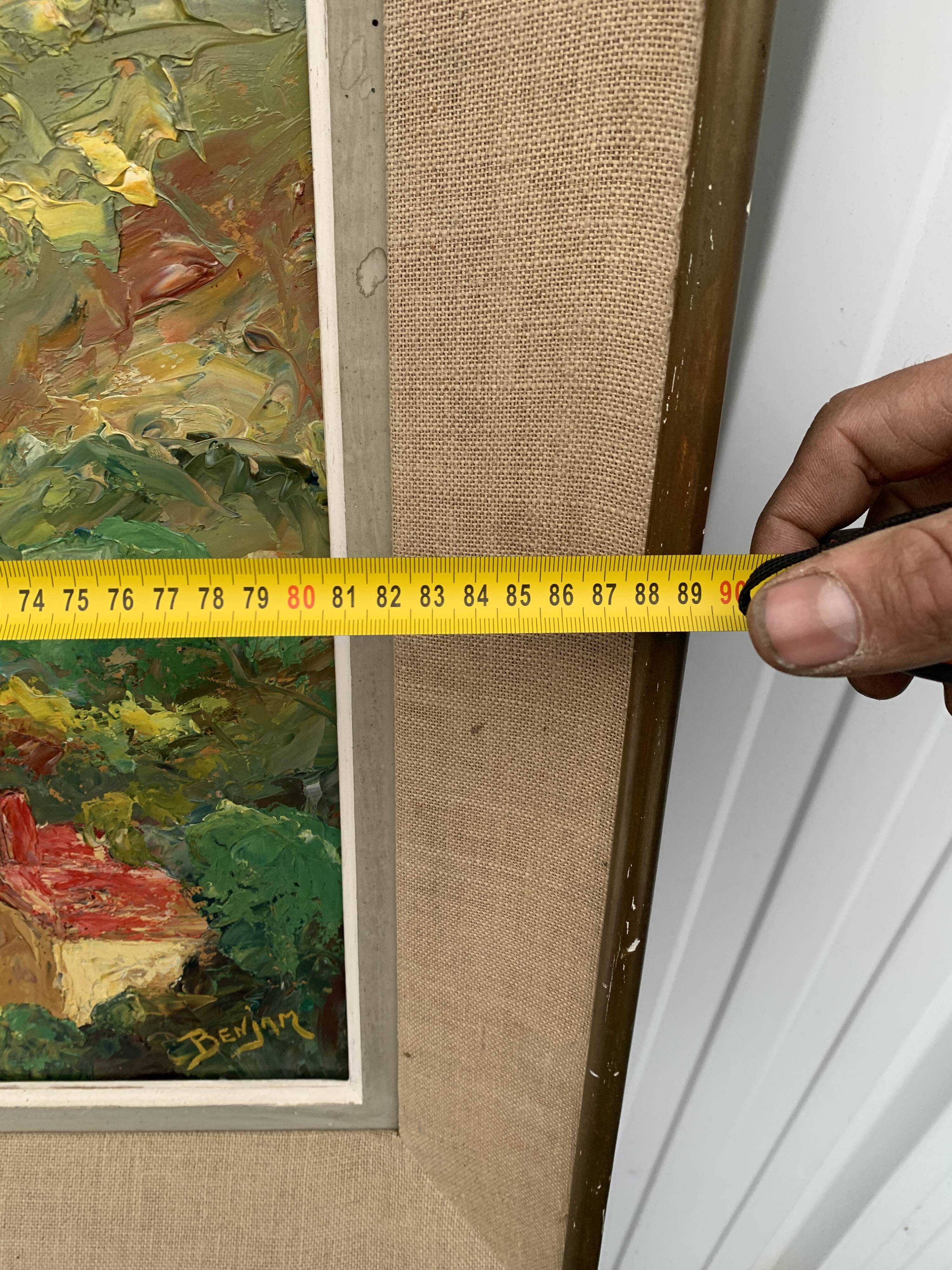 Colorful landscape painting with a river and hills signed Benjam