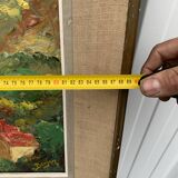 Colorful landscape painting with a river and hills signed Benjam