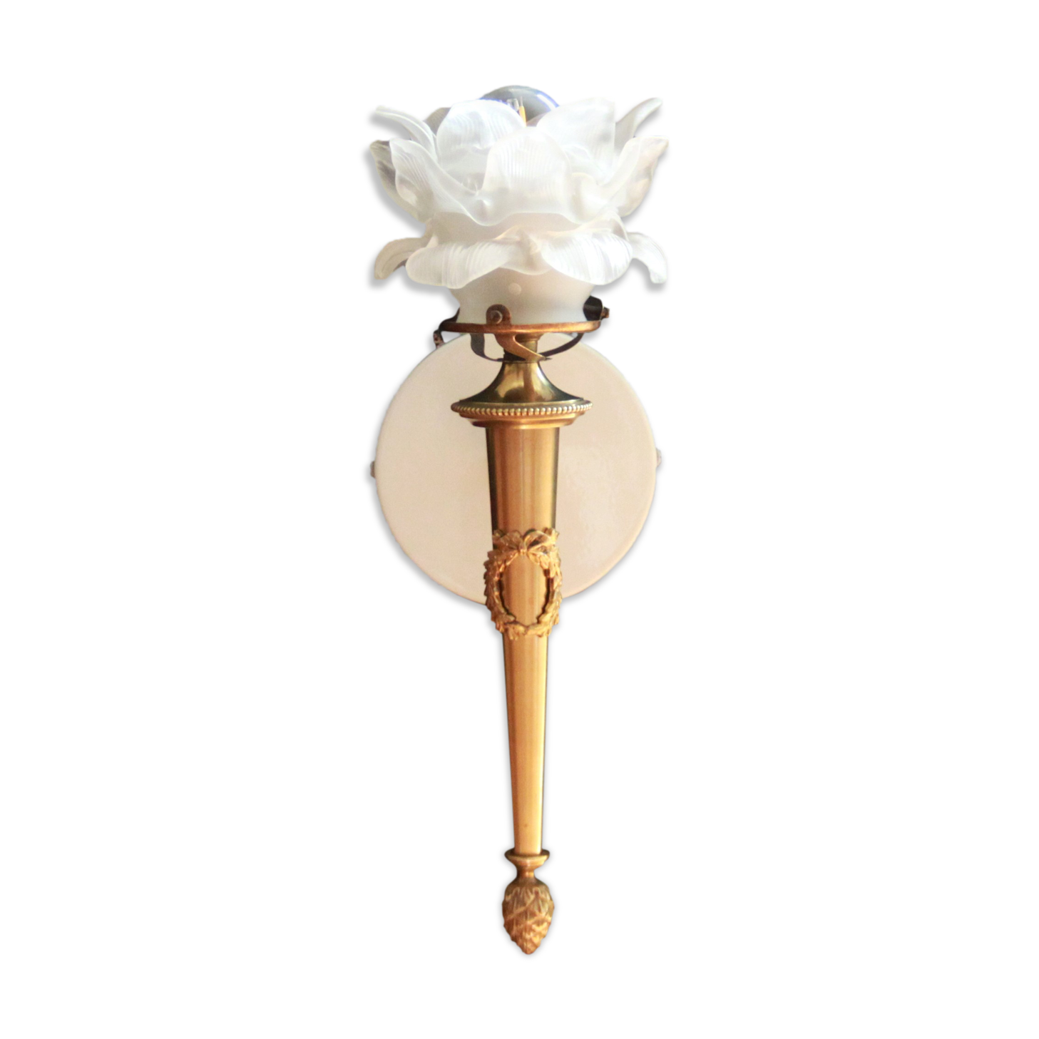 Wall apply torch torch brass tulip pink flower light empire pine cone