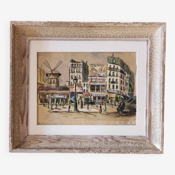 Vintage French watercolour of the Moulin Rouge, in Paris, signed Ch. Vogel, from 1948