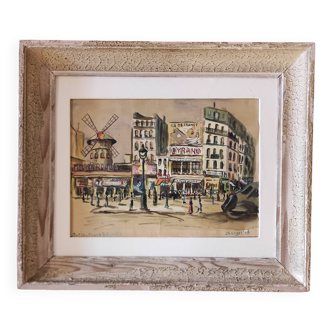 Aquarelle française vintage du Moulin Rouge, à Paris, signée Ch. Vogel, de 1948