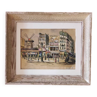 Vintage French watercolour of the Moulin Rouge, in Paris, signed Ch. Vogel, from 1948