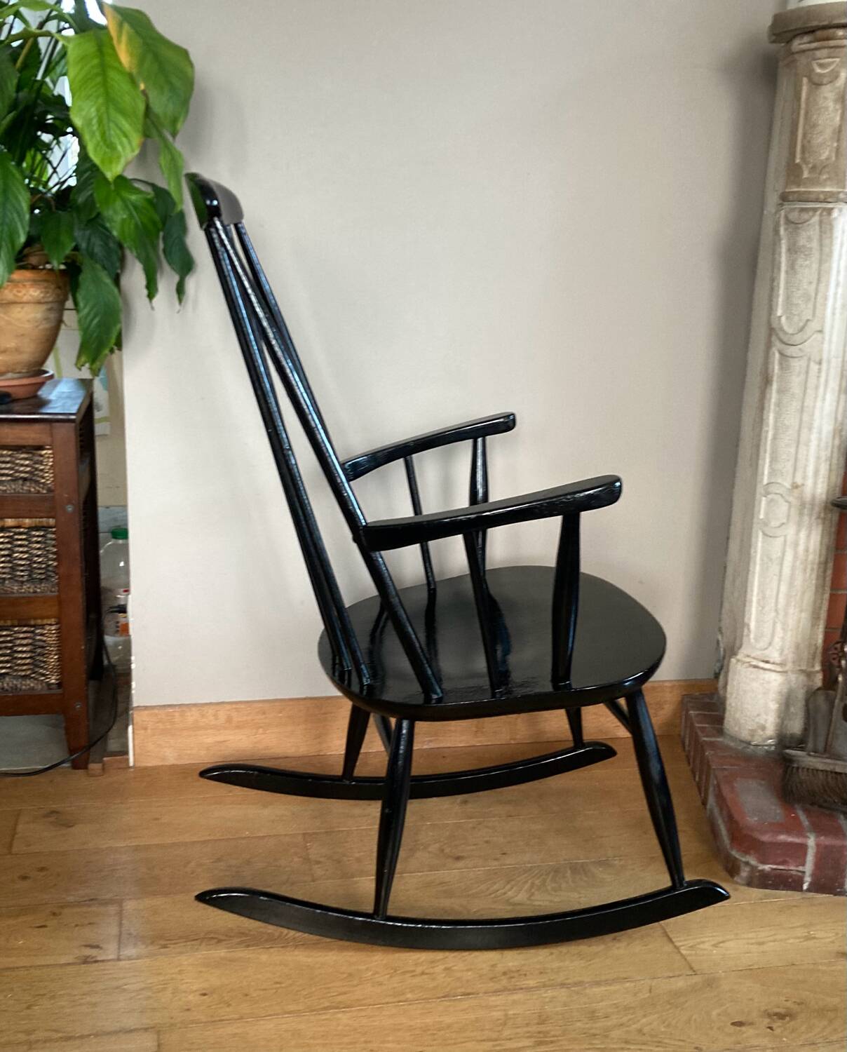 Vintage Scandinavian rocking chair in blackened wood from the 1970s