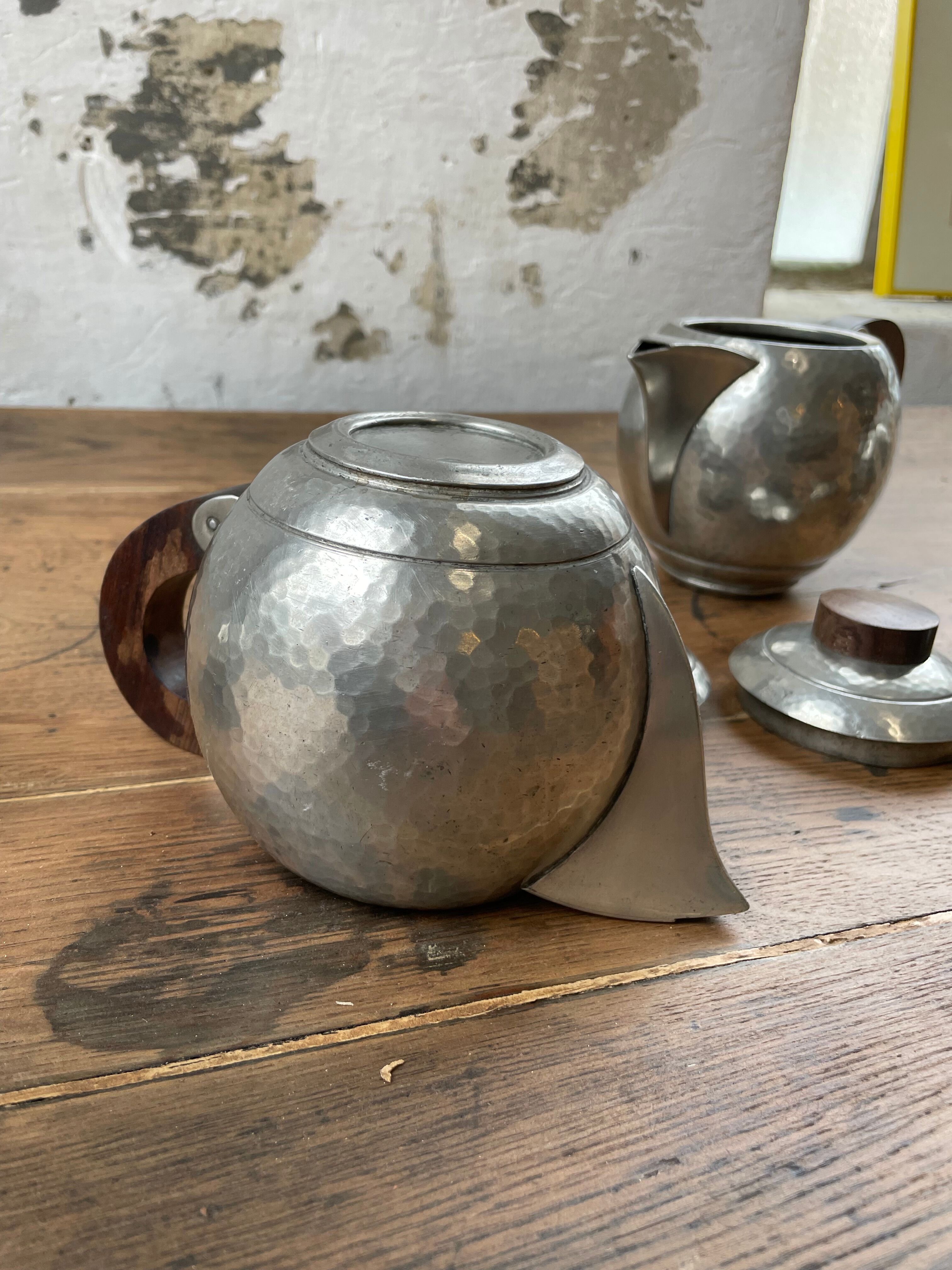 René Delavan Art Deco Pewter Teapot Set
