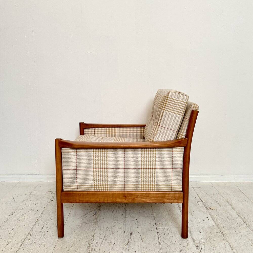 Mid-Century Scandinavian Armchair in Cherry Wood and Checked Fabric, 1960s
