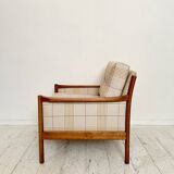 Mid-Century Scandinavian Armchair in Cherry Wood and Checked Fabric, 1960s