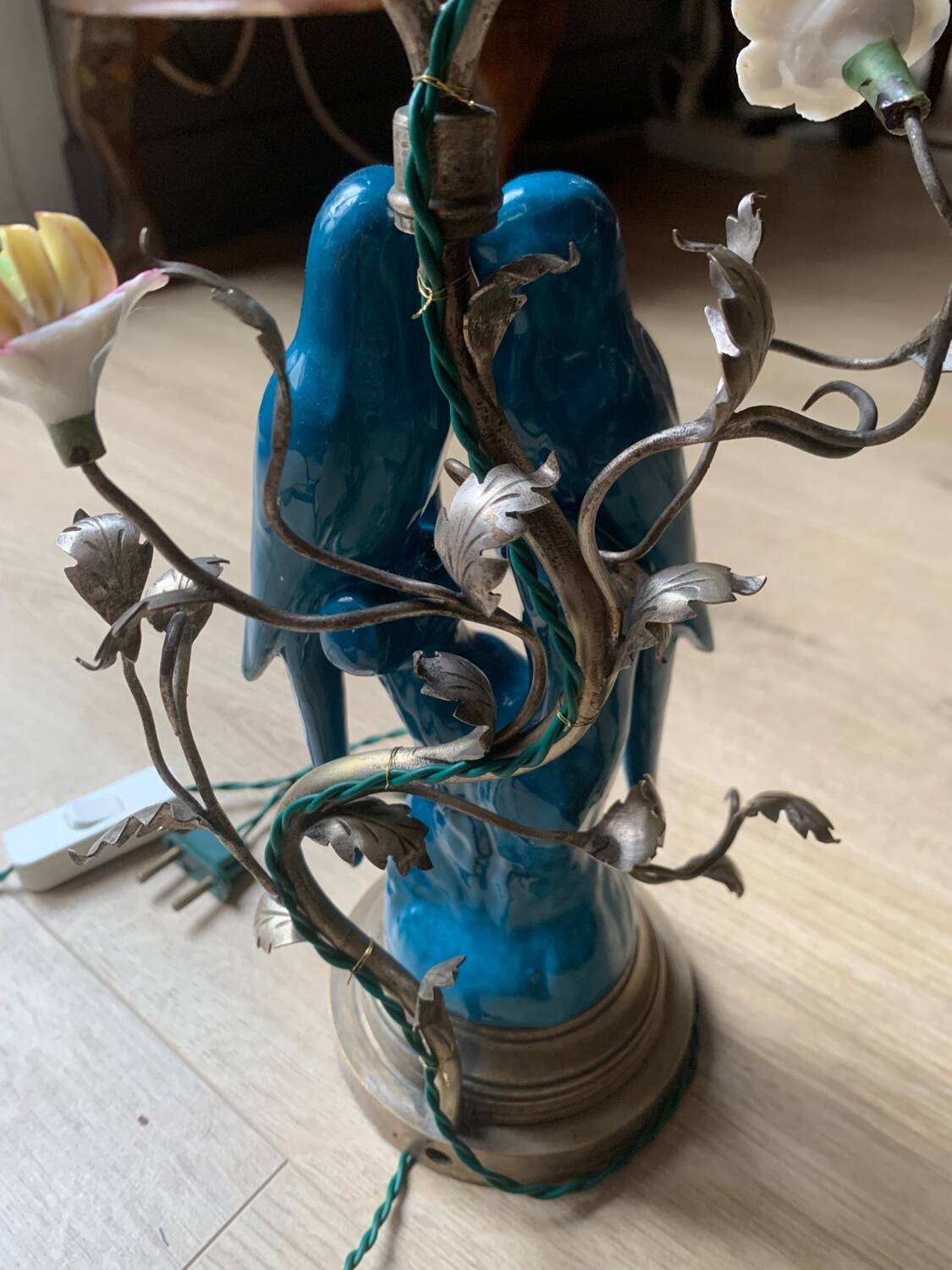 Superb Arras Lamp & Flower Faience - Silvered Bronze - Boler brand -