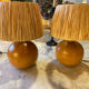 Pair of bedside lamps made of wood and vintage raffia