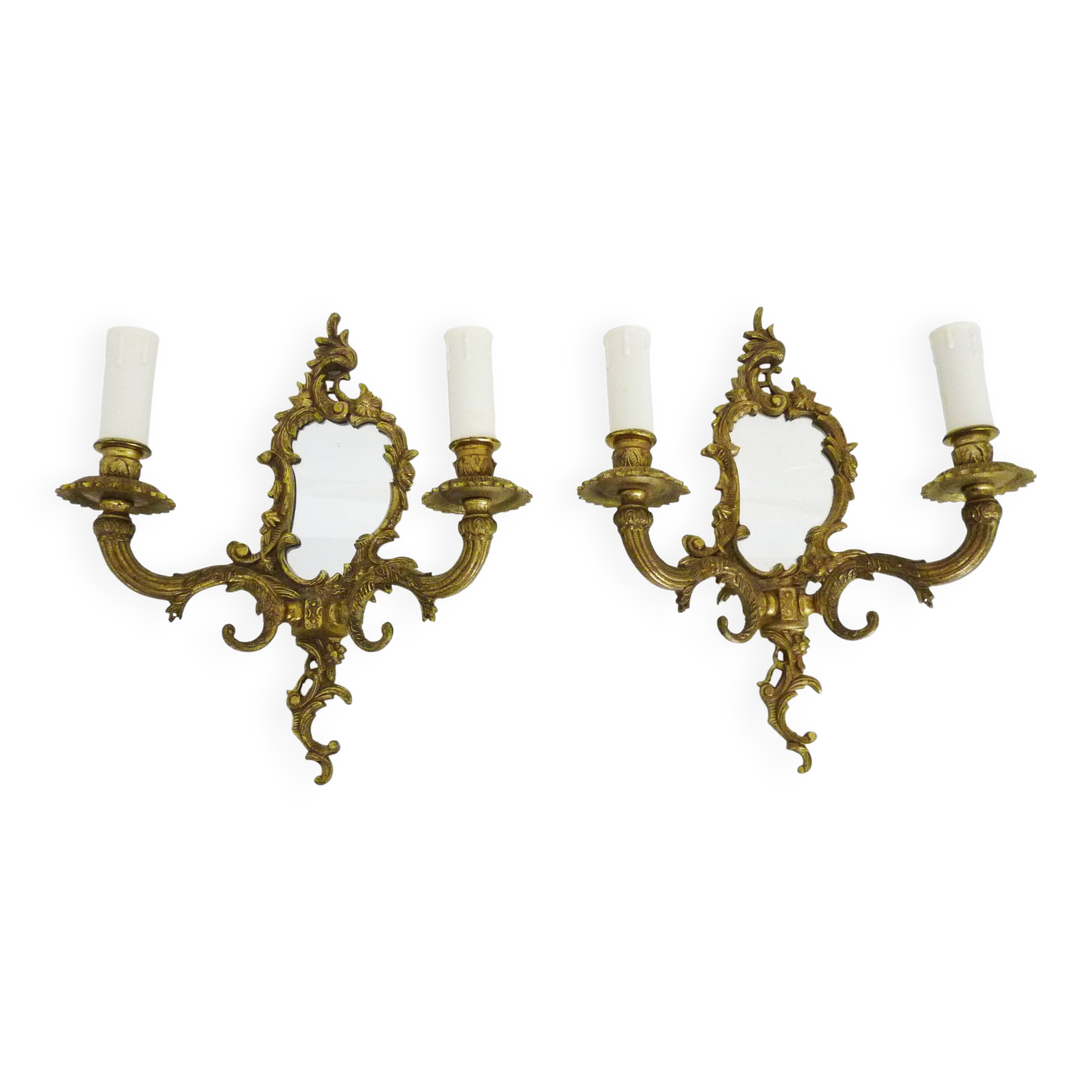 Pair of vintage bronze wall sconces with mirror and 2 candles. 1960s
