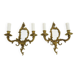 Pair of vintage bronze wall sconces with mirror and 2 candles. 1960s