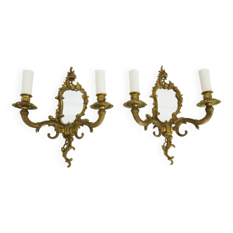 Pair of vintage bronze wall sconces with mirror and 2 candles. 1960s