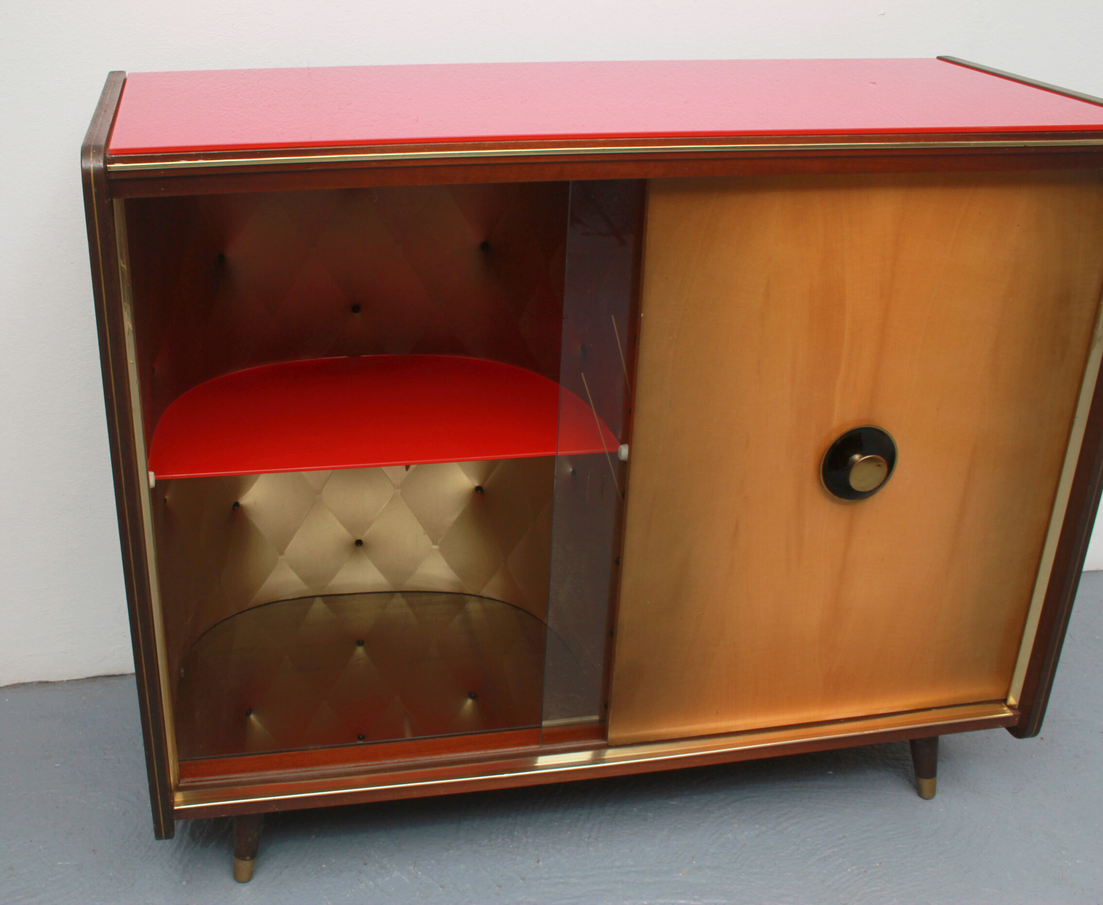 1950s bar cabinet in maple and glass