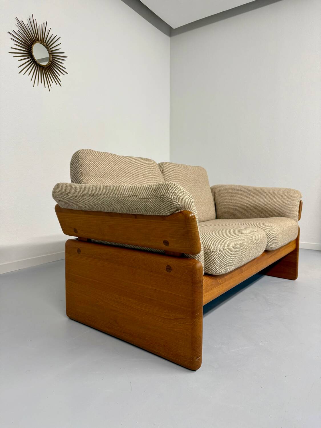 Old sofa in solid elm and vintage 80s design fabric Seltz France