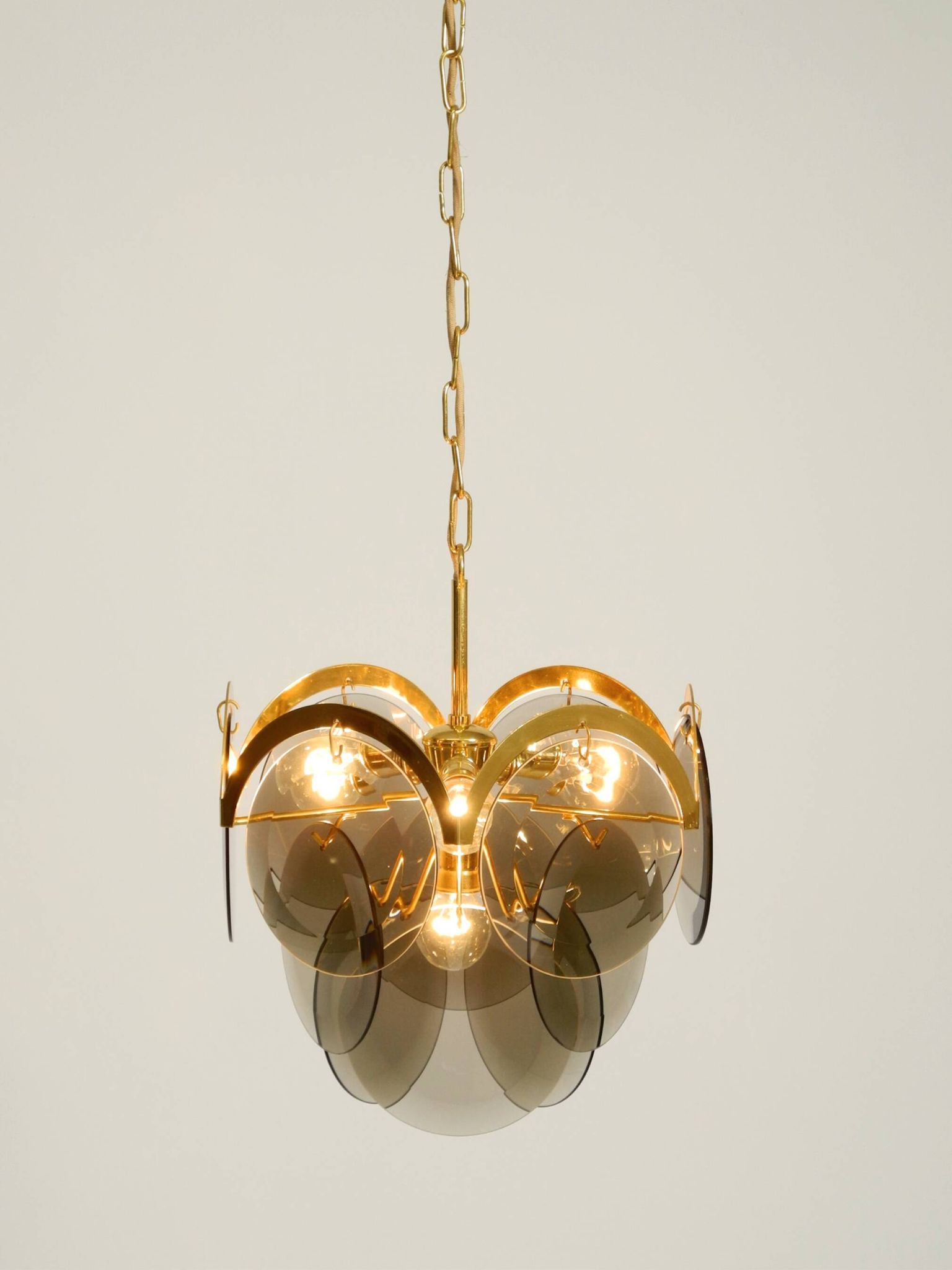60s large brass ceiling chandelier with large round glass plates