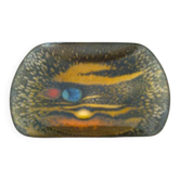enameled metal catchall, brown-orange colour, rectangular-oval shape