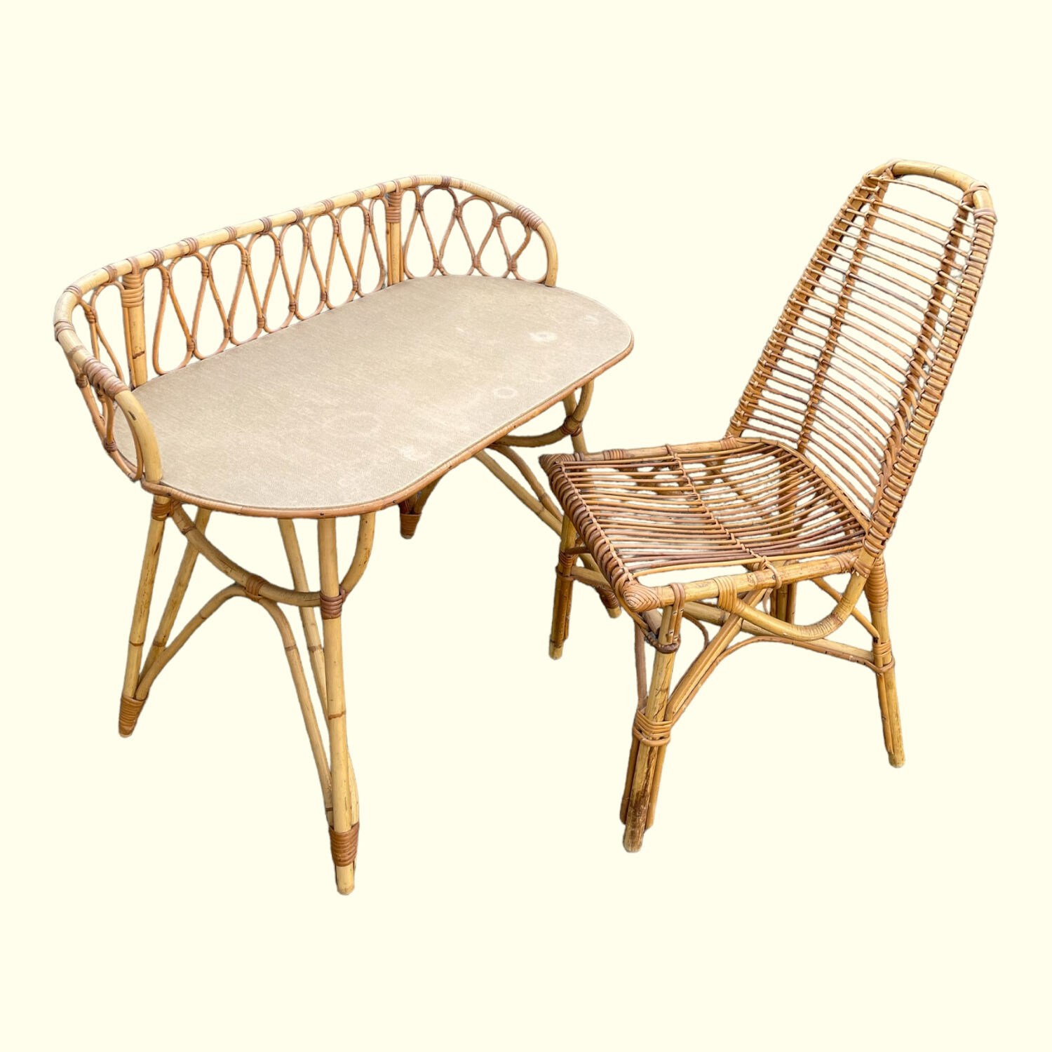 Bamboo and rattan desk and chair set, circa 1970
