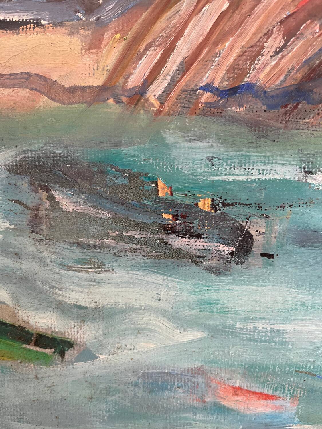 Boats in the harbor, oil on panel