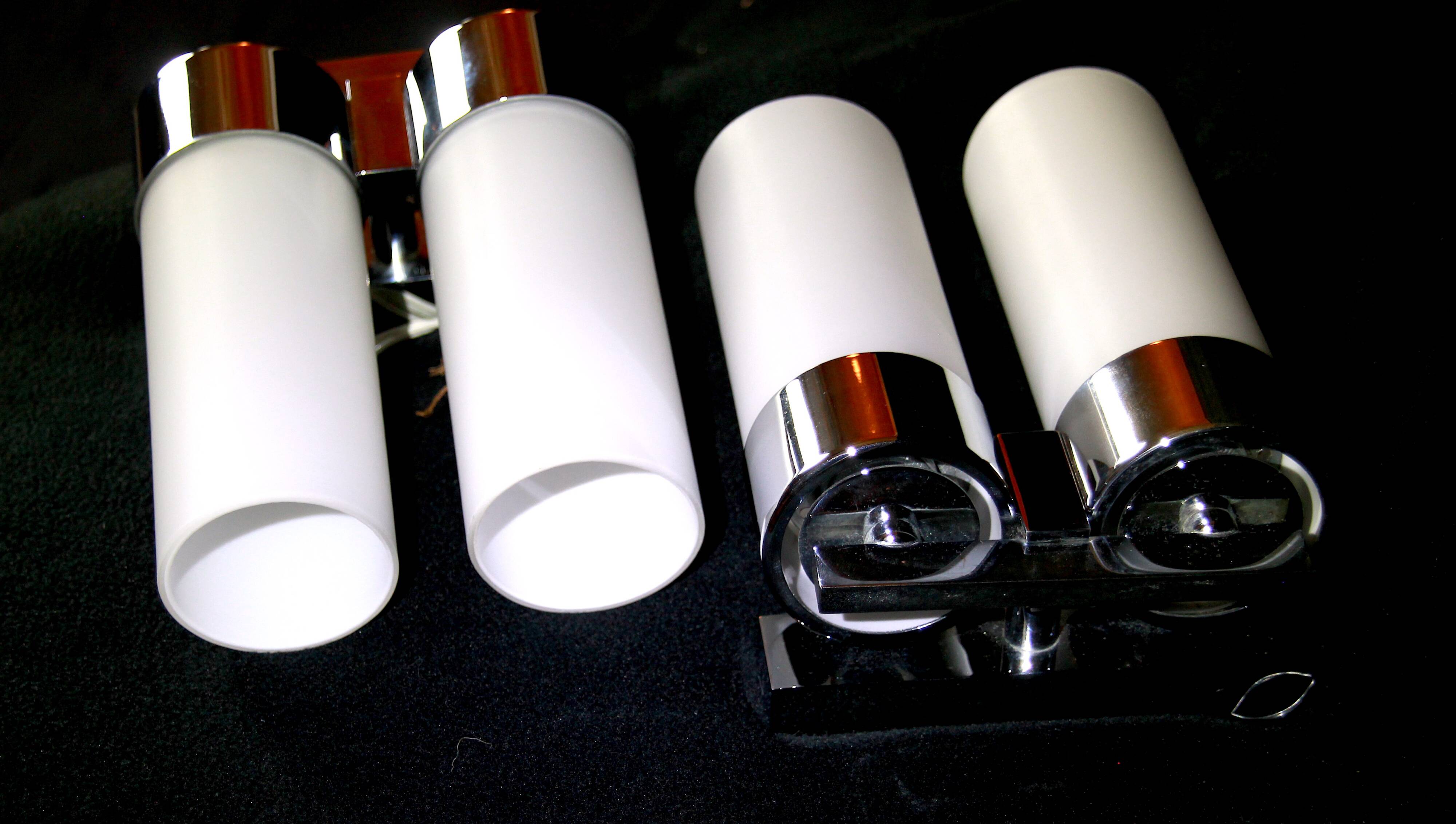 Pair of Modernist wall lights in chrome and double opaline metal, France, Mid-century.