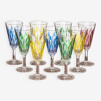 9 flutes Harlequin glassware of Reims multicolored