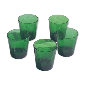 5 glasses in green glass with water or aperitif, made in italy, vintage