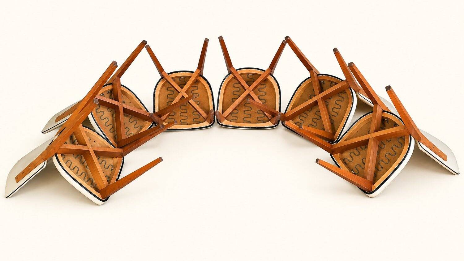 Set of 6 vintage chairs from the 1950s in wood and ivory white faux leather.
