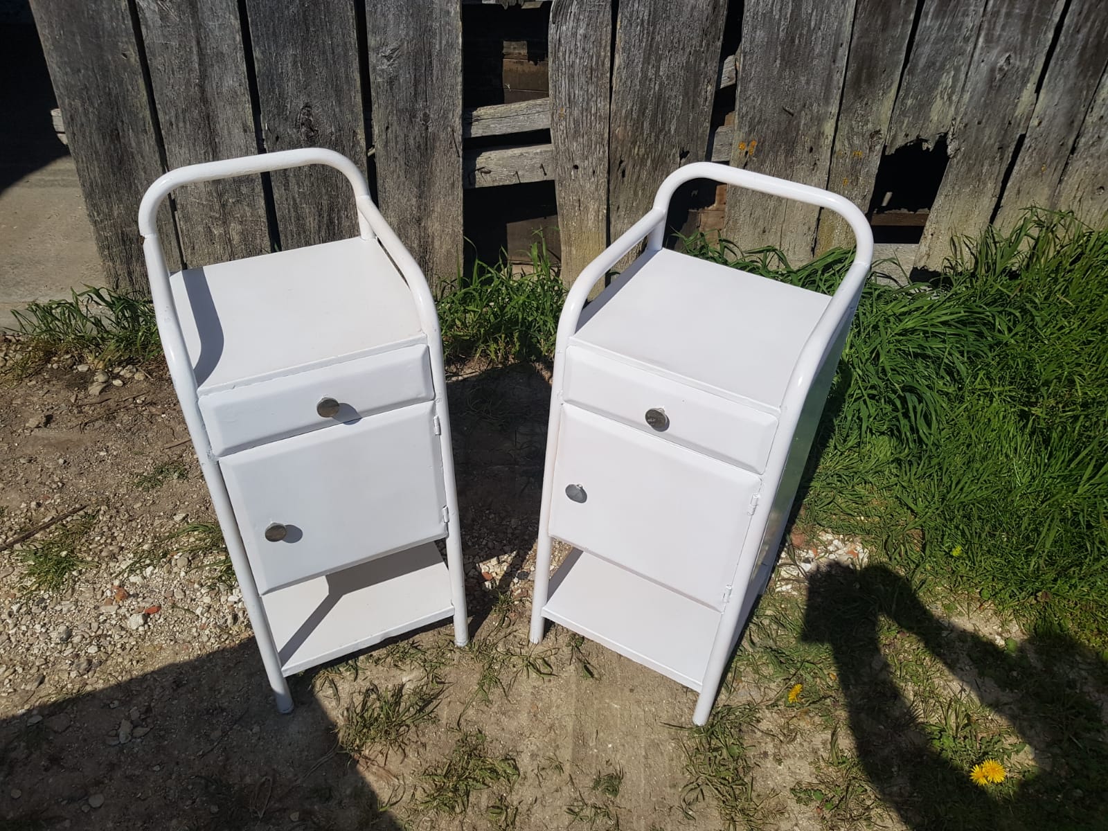 Pair Old Chevet Table De Nuit Internat Caisson - Vintage White Metal Drawer