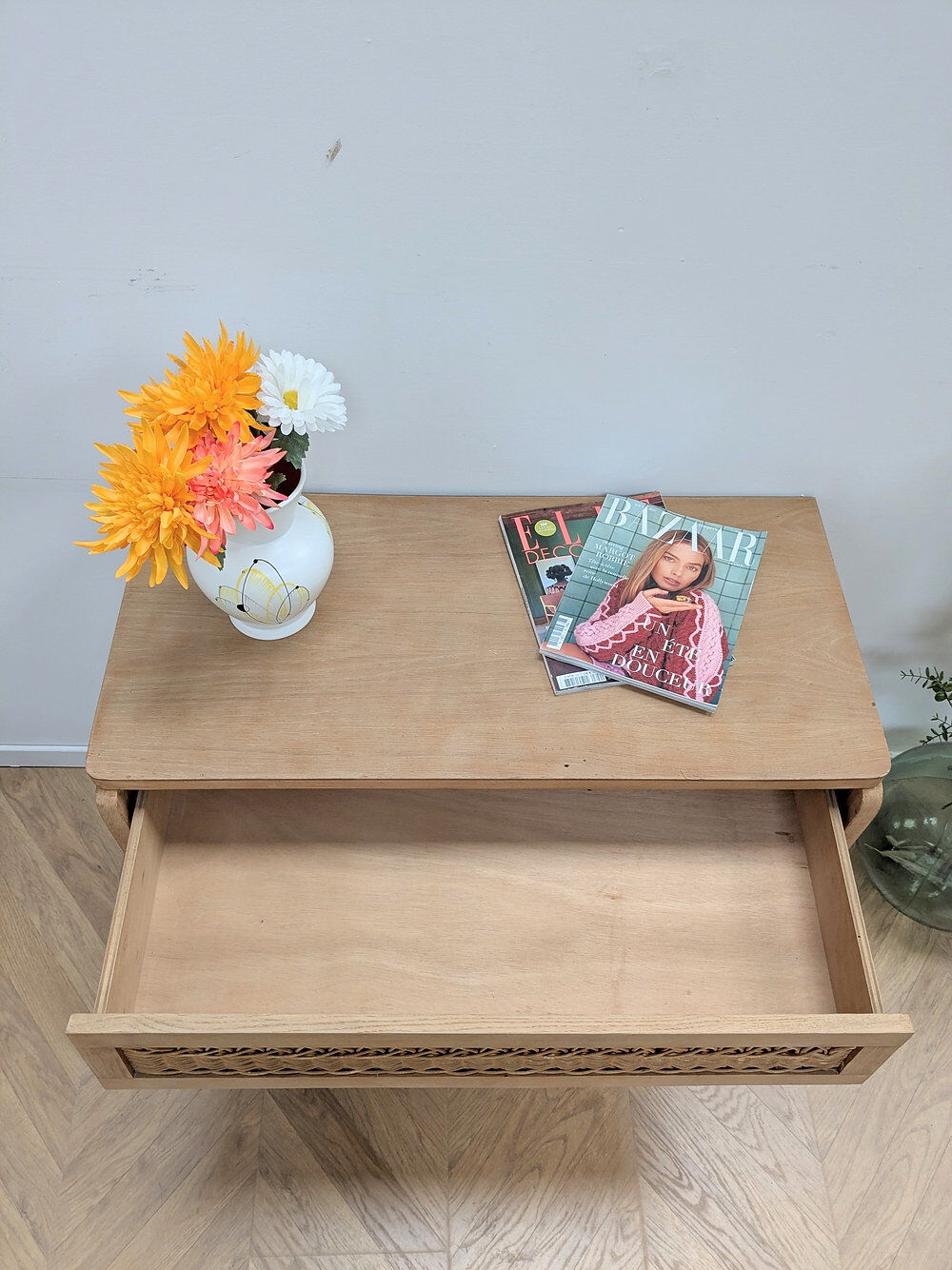 Vintage oak and rattan chest of drawers