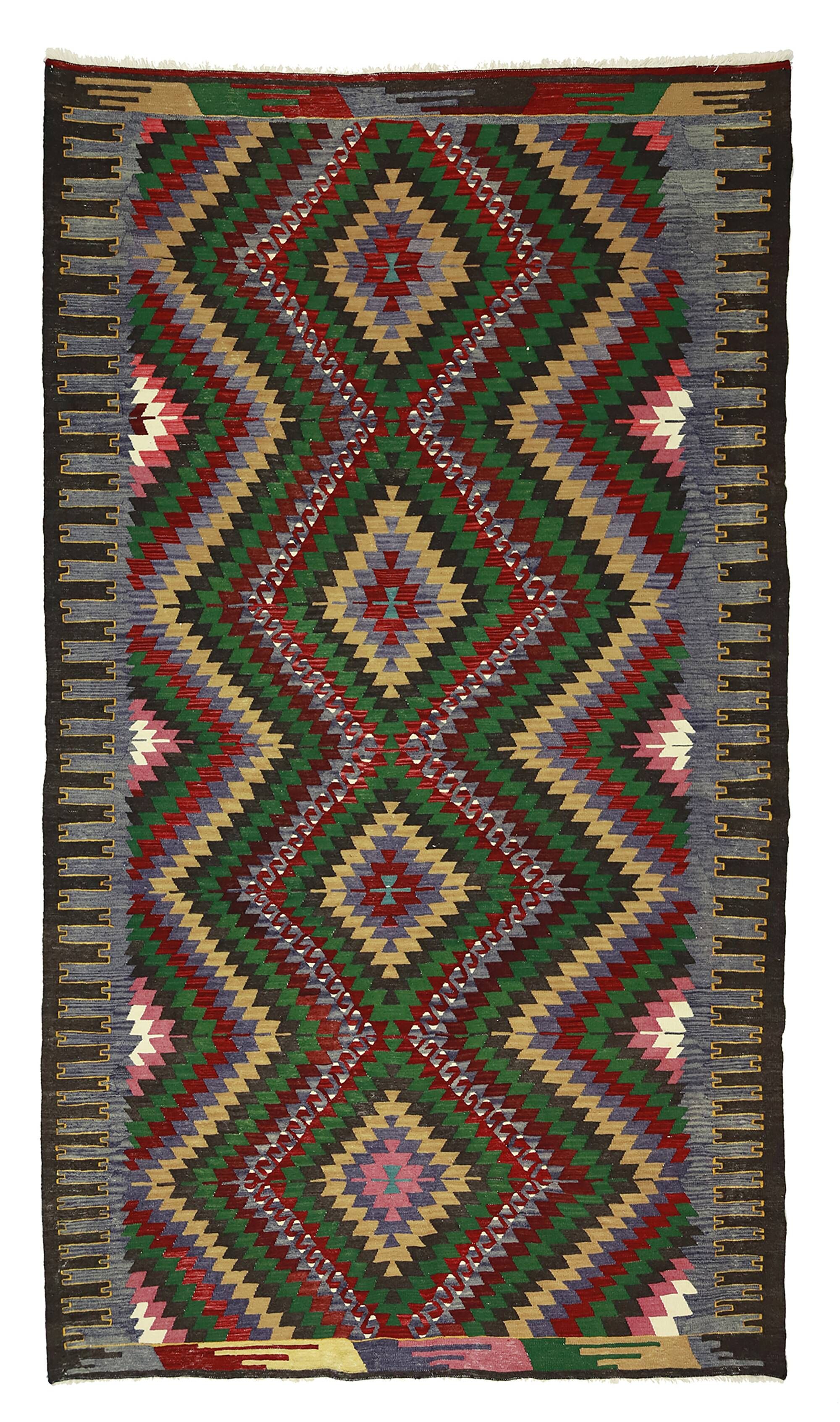 Turkish Kilim Yuruk Vintage 169x300 cm Geometric Green Red Yellow