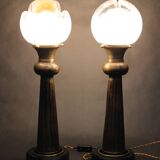 1940s Pair of Italian Restored Brass Table Lamps with Glass Shades
