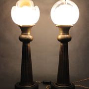 1940s Pair of Italian Restored Brass Table Lamps with Glass Shades