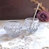 Glass salt and pepper shaker set with vintage serving spoon