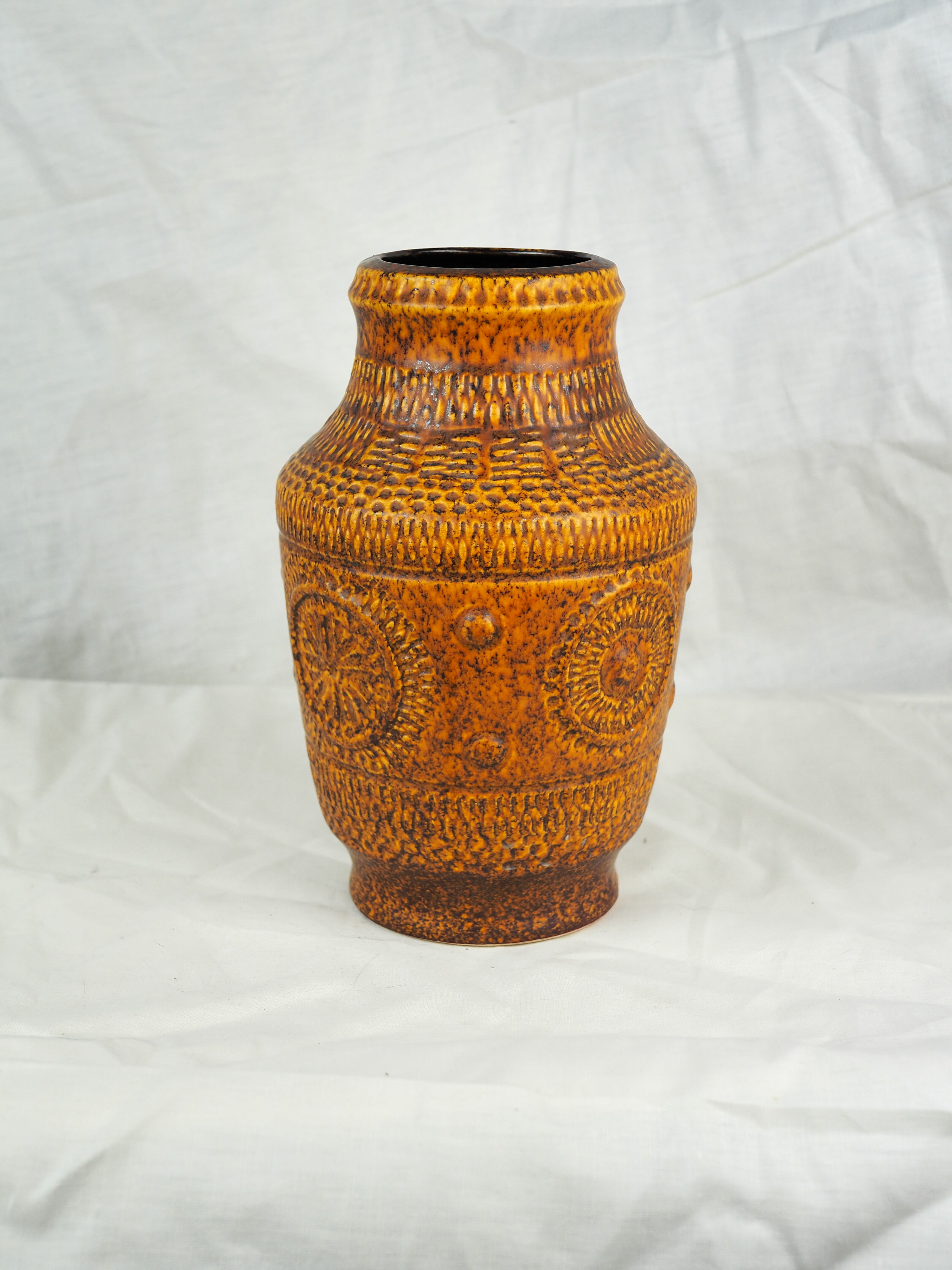 Vase with round reliefs and textured friezes, vibe seventies speckled ochre - Bay Keramik 60s 70s