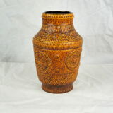 Vase with round reliefs and textured friezes, vibe seventies speckled ochre - Bay Keramik 60s 70s