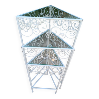 3 nesting tables in white wrought iron. Beveled glass.