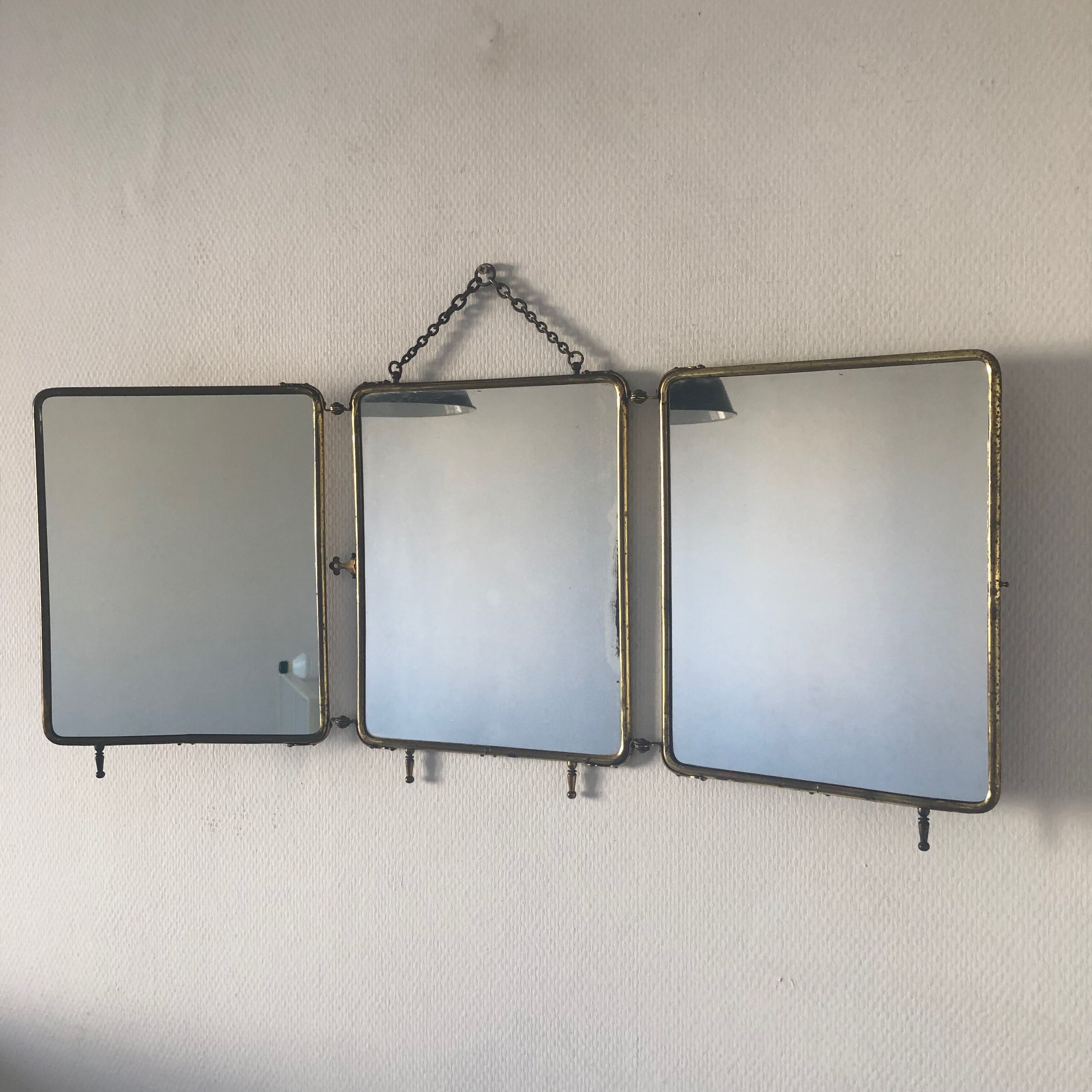 Mirror triptych barber gilded vintage leather 1930 - 33 x 79cm