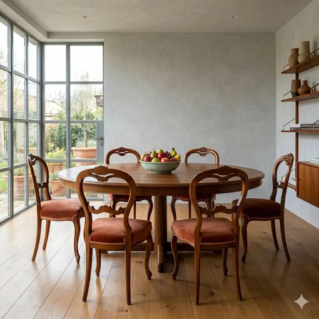 Antique Louis-Philippe chairs in walnut and fabric, Italy, 19th century.