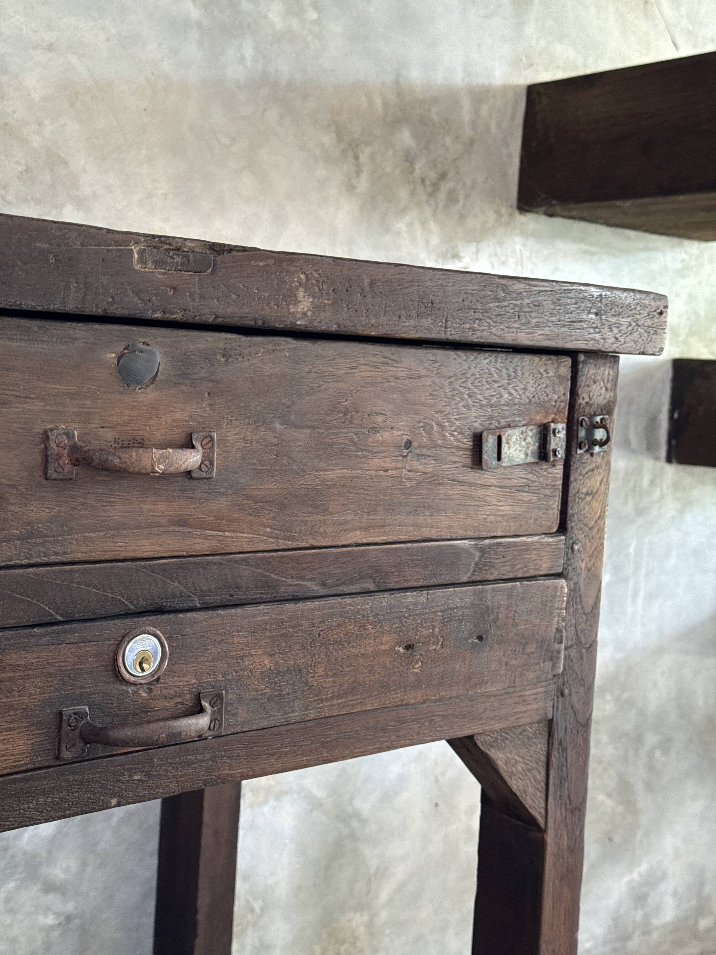 Antique Indonesian teak workbench with two drawers and stretcher H89.
