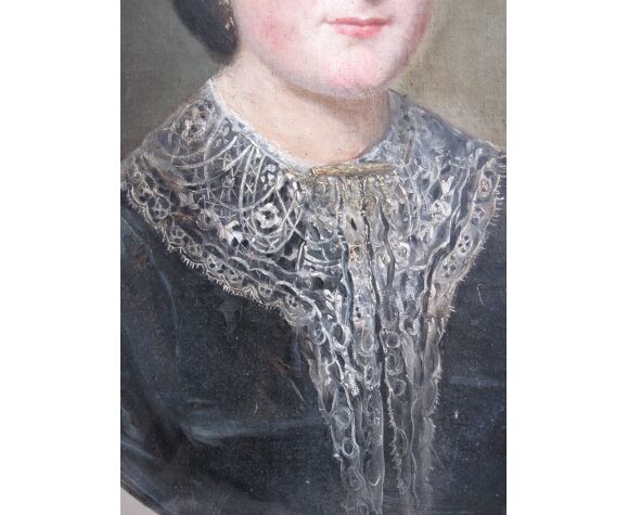 Portrait ovale ancien de femme, peinture sur toile du 19éme siécle