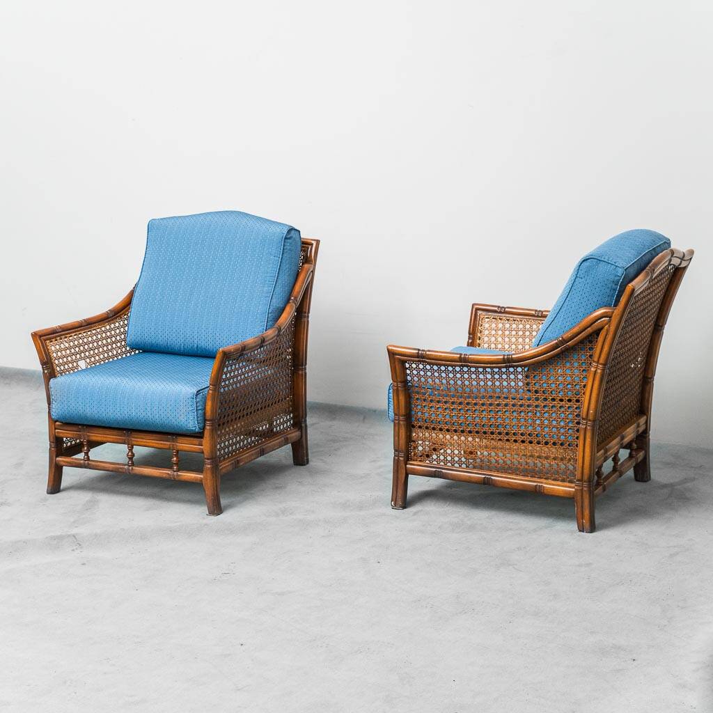Pair of vintage armchairs in bamboo and Vienna straw 1960s modernism