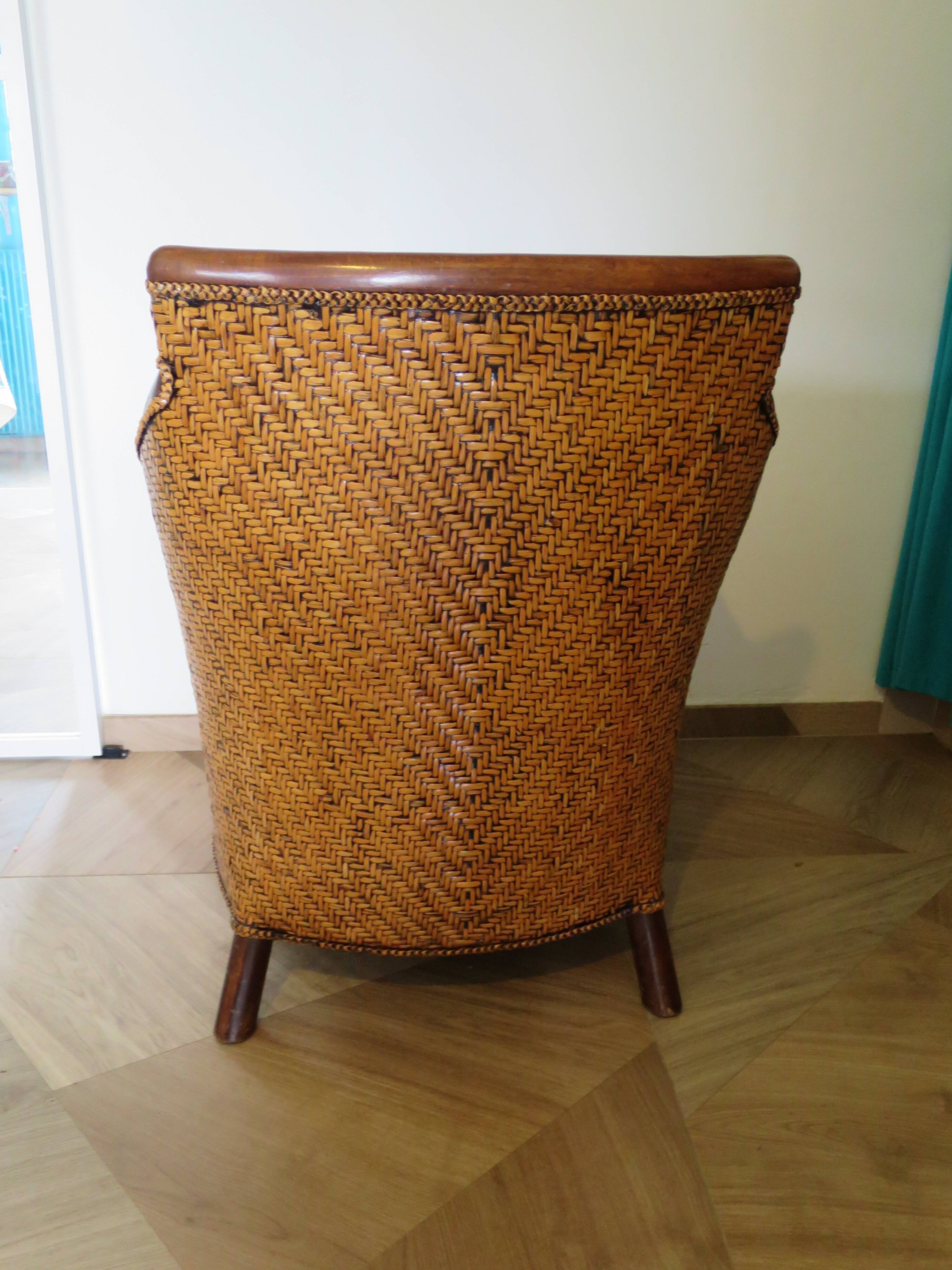 Fauteuil Style Colonial-Rotin tressé-Vintage-coussin simili cuir