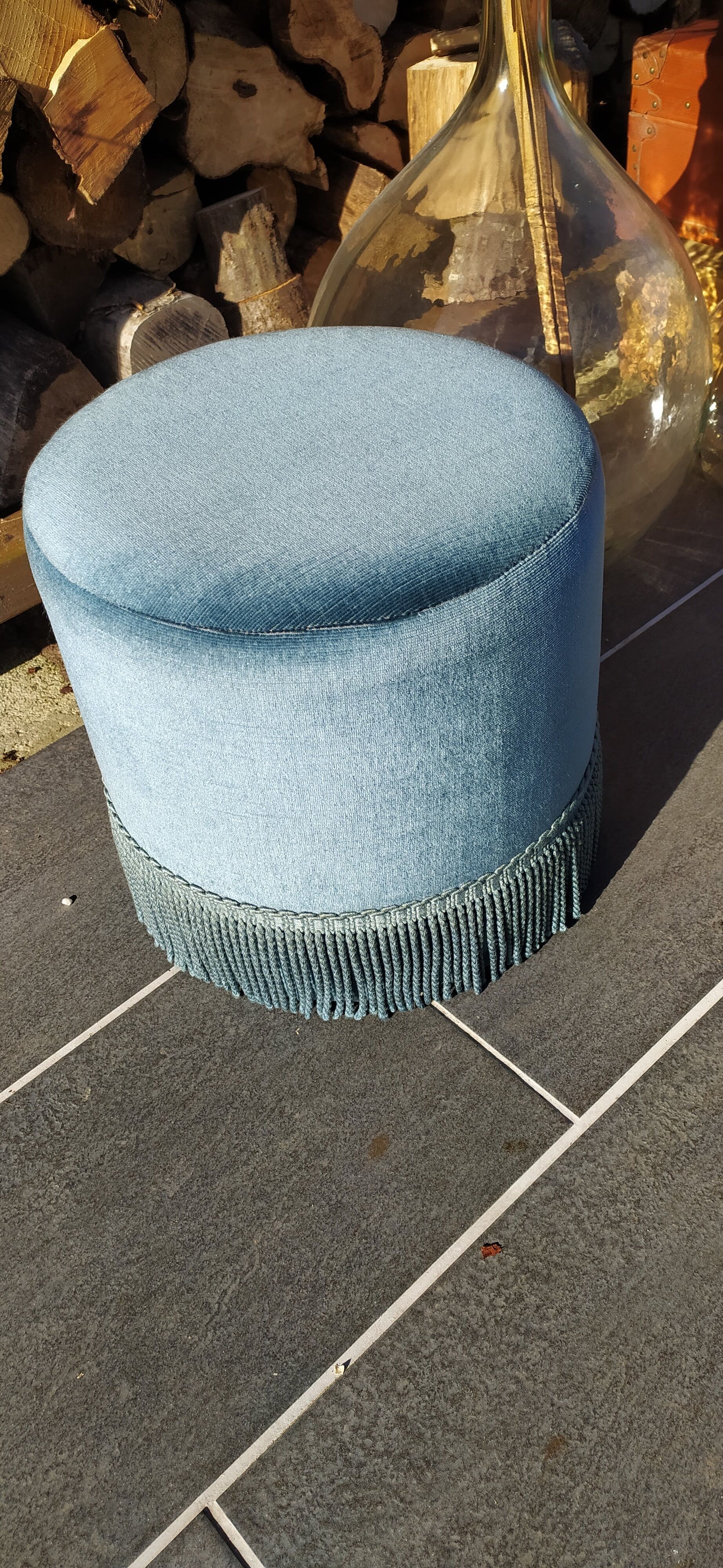 Vintage blue velvet pouf