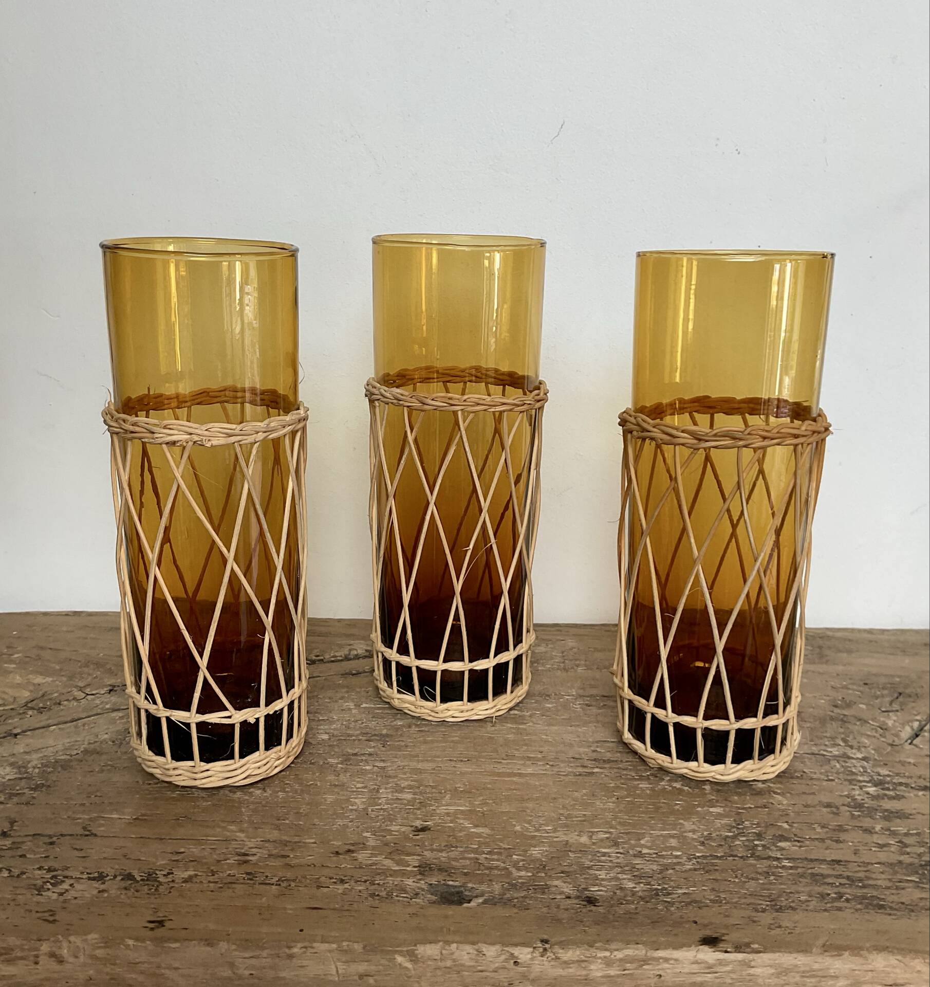 6 amber long drink glasses with wicker