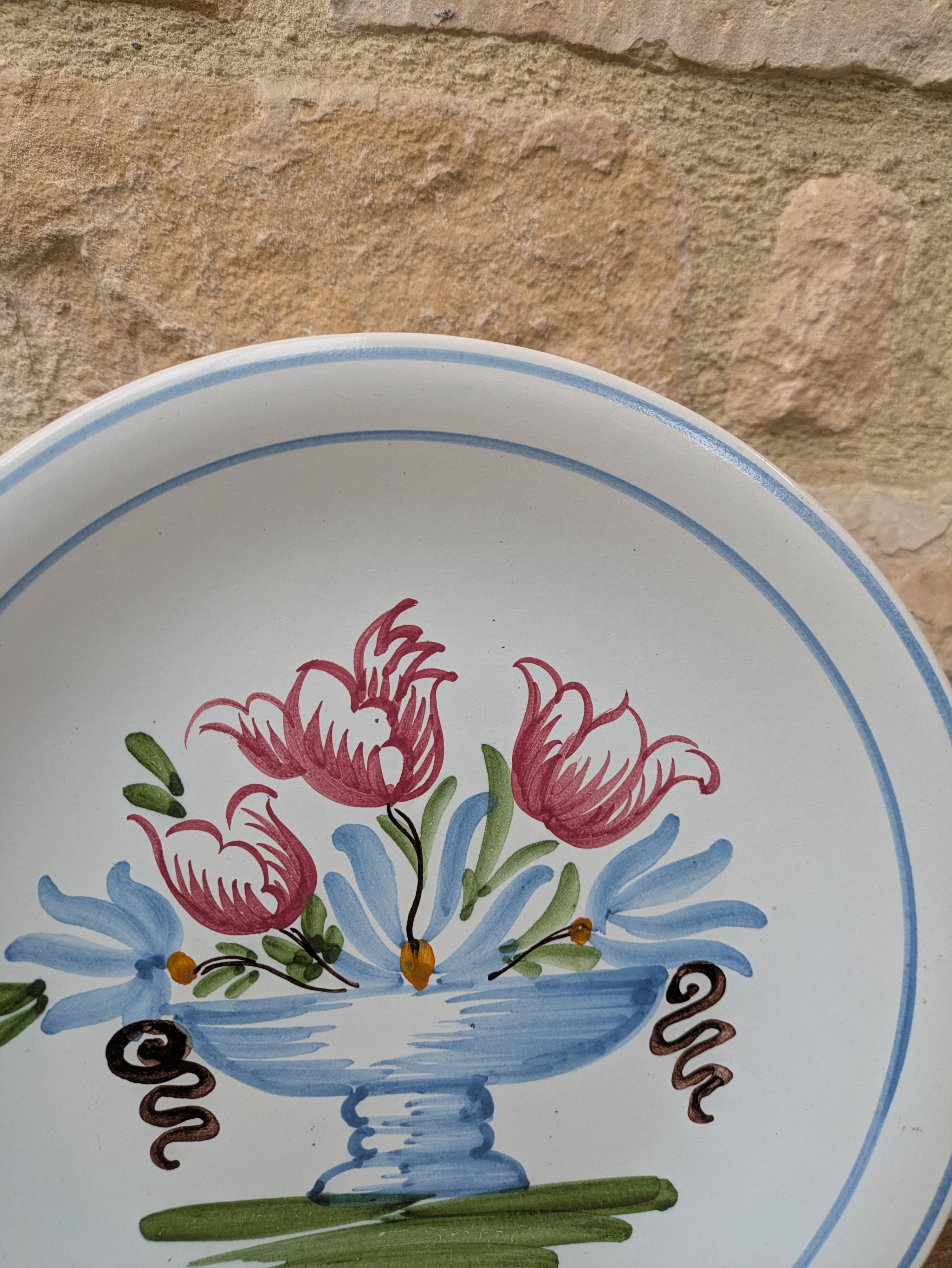 Plate with hand-painted flower bouquet on light blue background 25cm