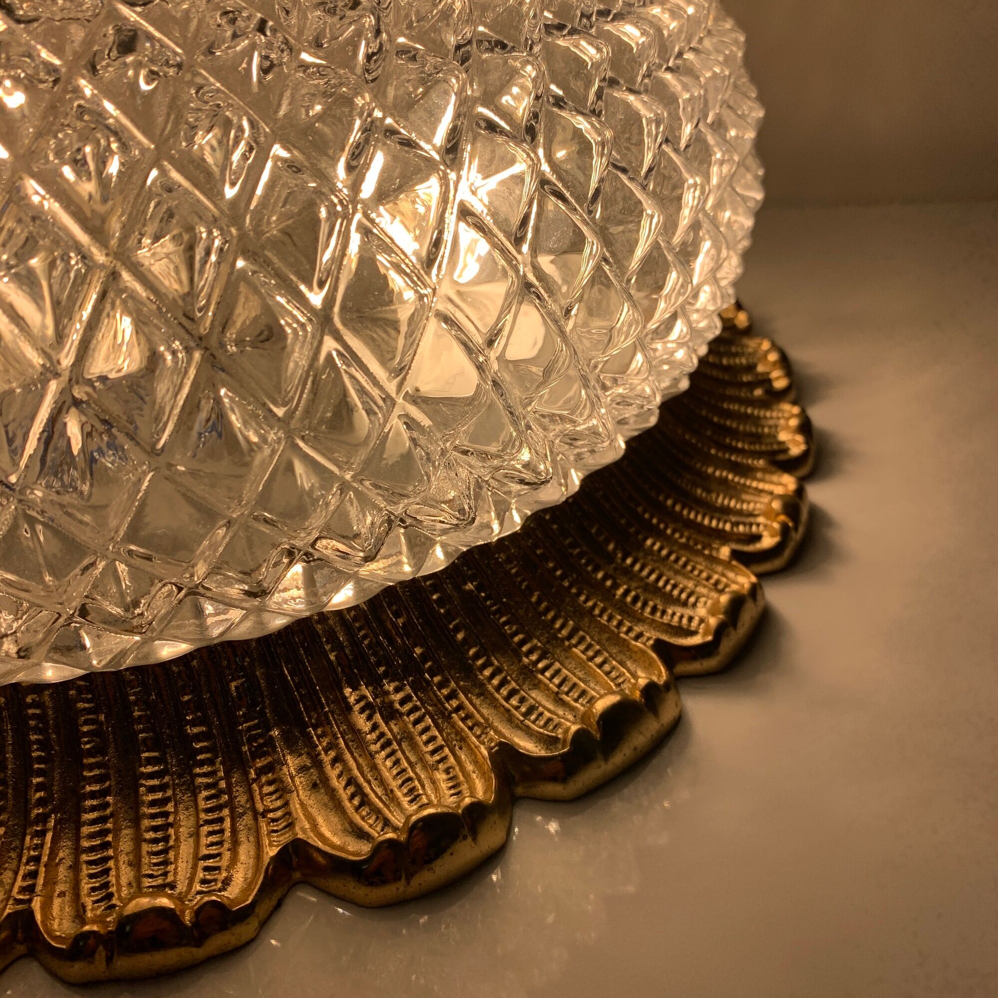 Old ceiling lamp gold metal and globe glass decor of diamond tips limburg